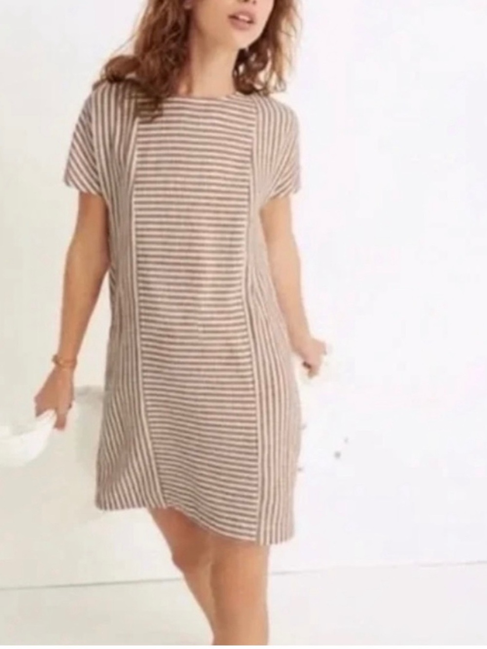 Madewell Western Chic Striped Linen Short Sleeve Shift Back Button Mini Dress